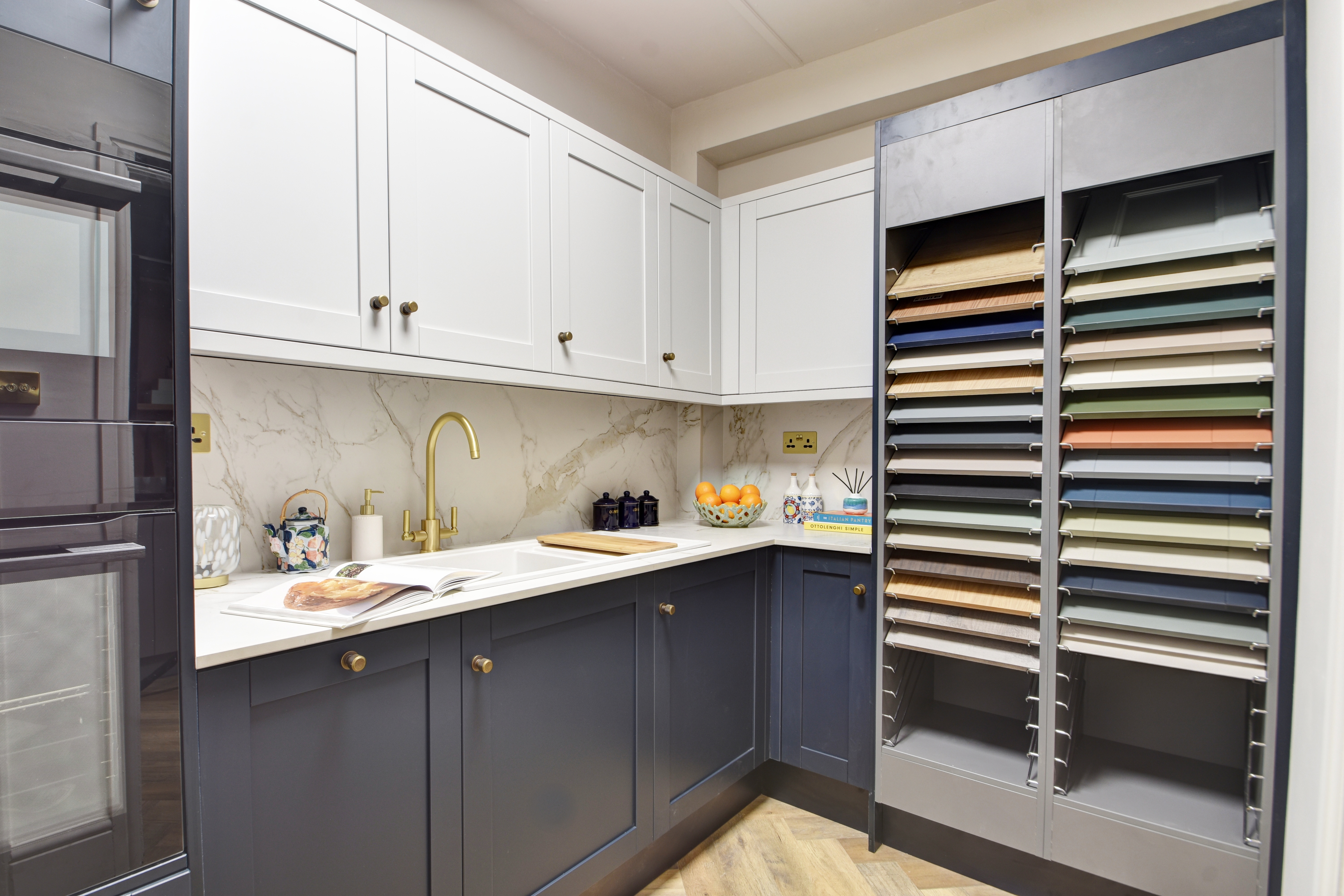 Kitchen materials and cabinetry in the showroom